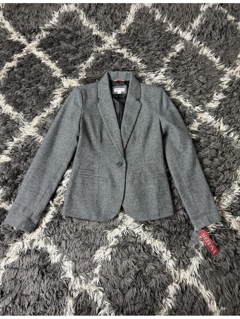Merona Blazer Womens Size 2 Gray White Textured One Button Suit Jacket NWT